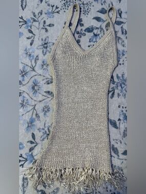 Arden B Cream Knit Fringe Tank Top Boho Festival Y2K Stretch Cami Sleeveless